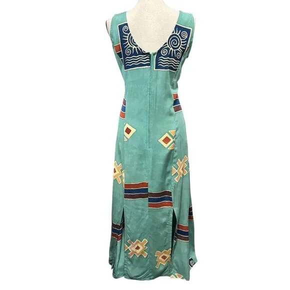 Bali Batiks Aztec Print Maxi Dress Sz M Aqua Green 4-Slit Bottom - Picture 2 of 9